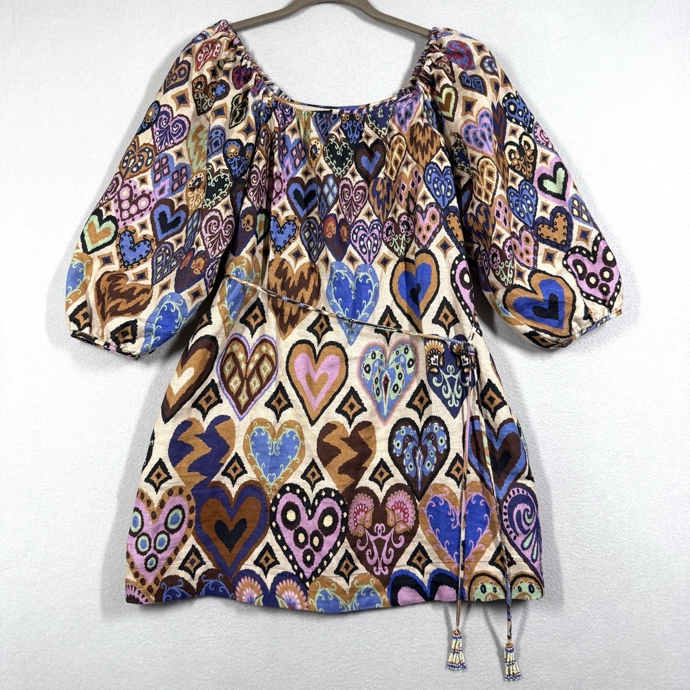 FARM RIO Dress Women Small Hearts Ikat Mini 100% Linen Beaded Tassel Puff Sleeve
